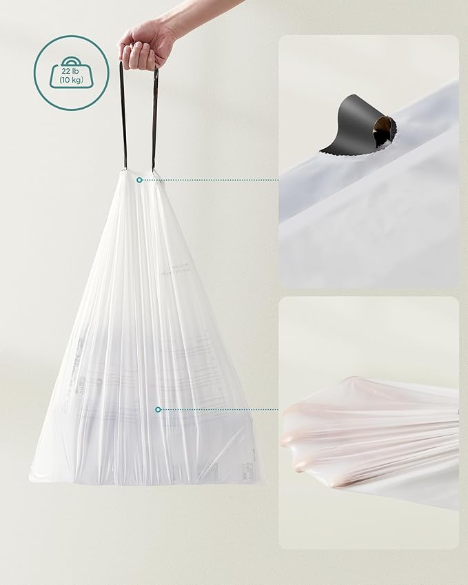 SONGMICS Trash Bags for 8-Gallon (30 L) Trash Cans Drawstring Kitchen Garbage Bags Pre-Separated Liner Code 30A 4 Rolls 180 Count White UKRB030A04