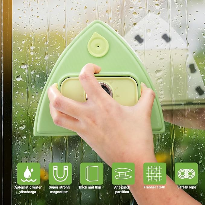 Double-Sided Magnetic Window Cleaner - Adjustable Magnetic Double Window Wiper Fits 3-30 mm Glass Thickness 2.5m Safety Rope for High-Rise &amp Auto Glass Safe Anti-Pinch Wiper(Green)