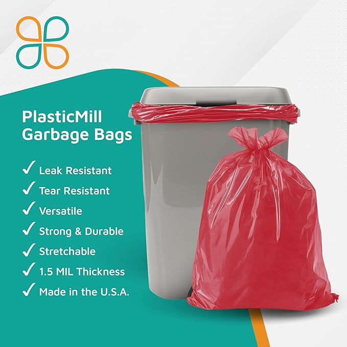 PlasticMill Heavy Duty Trash Bags - Red Garbage Bags - Plastic Waste Bags - Tall Trash Sacs Trash Can Liners - 33-Gallon Large Kitchen Trash Bags 1.5 Mil 33x39 (100-Count)