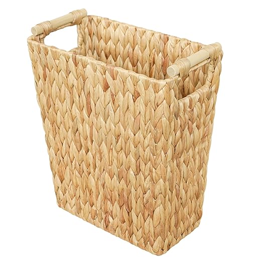 6 Gallon Wicker Trash Can with Wooden HandleWicker Waste Basket for BathroomBedroomLarge Narrow Water Hyacinth Trash BasketRattan Boho Decor Farmhouse Bathroom Trash Can