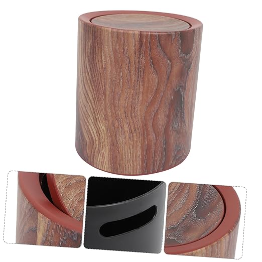 ABOOFAN Wood Grain Round Trash Can with Flip Lid Medium Capacity Garbage Bin for Home Use Compact Wastebasket for Living Room Kitchen and Bathroom Management