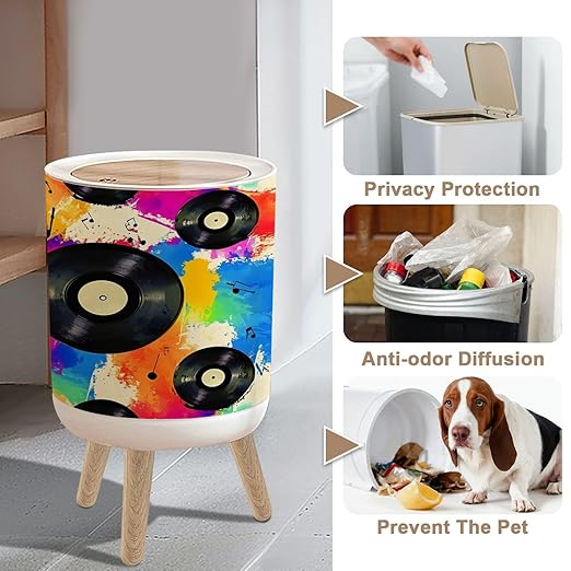 Small Trash Can with Lid Seamless texture vinyl record music notes rainbow watercolor splash 1.8 Gallon/7L Garbage Can Waste Bin with Press Top Lid Wood Legs Wastebasket for Bathroom Kitchen Bedroom
