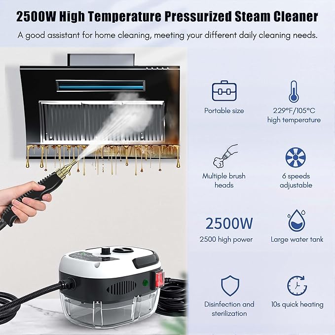 2025 Upgraded Handheld Steam Cleaner2025 Upgraded Portable Steamer for Cleaning 2500W High Pressure 229°F/105°C Includes Nozzle&amp3 Brushes-Home Dirt Tile Car Kitchen (Single Control-White)