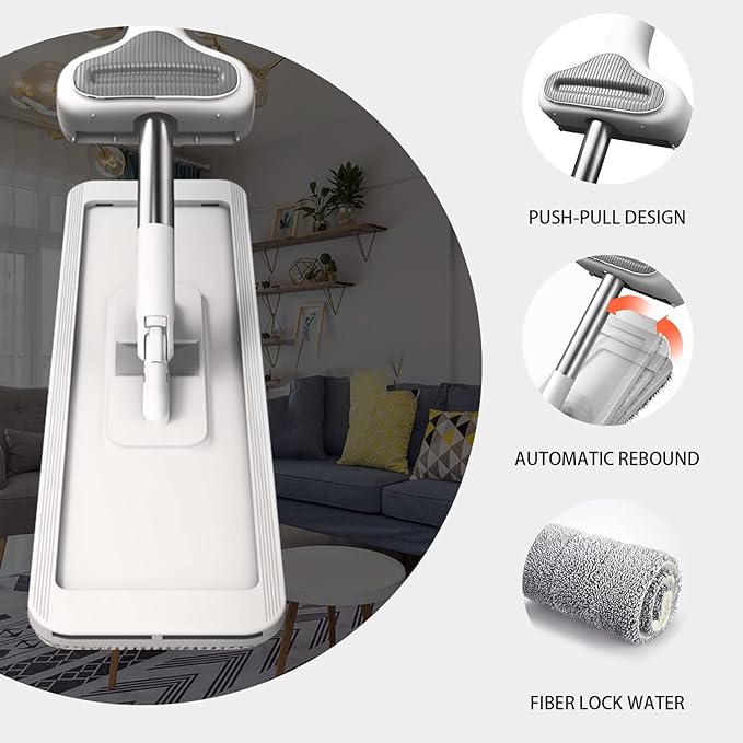 360 Hands-Free Self Wringing Floor Cleaning Mop Flat Mop - Microfiber with 6 x Washable Pads Hand Washing Free for Hardwood and Window White