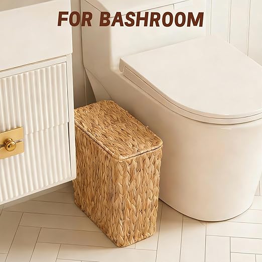 Wicker Trash Can3 Gallon Bathroom Trash Can with LidNatural Water Hyacinth Wicker Waste Basket with Removable Liner for Bedroom Toilet Narrow Spaces