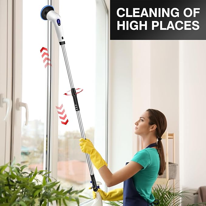 Electric Spin Scrubber Cordless Tub and Tile Scrubber with 10 Replaceable Brush Heads and Adjustable Extension Handle Power Shower Scrubber for Cleaning Bathroom Tub Grout Floor EMD