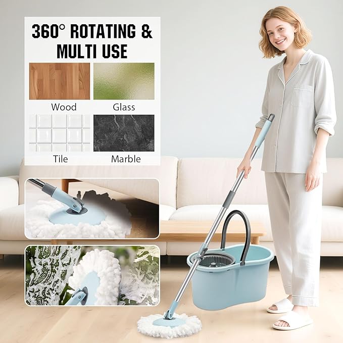 Spin Mop and Bucket with Wringer Set 360° Spinning Mop Bucket System with 3 Microfiber Mop Replacement Heads and 50 Stainless Steel Adjustable Handle for Floor Cleaning