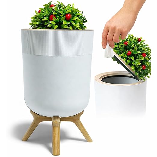 Small Bathroom Trash Can with Plant Style Lid 1.8 Gallon White Small Bathroom Garbage Can Decorative Wastebasket for Bedroom Office and Bathrooms Trash Bin That Looks Like a Plant