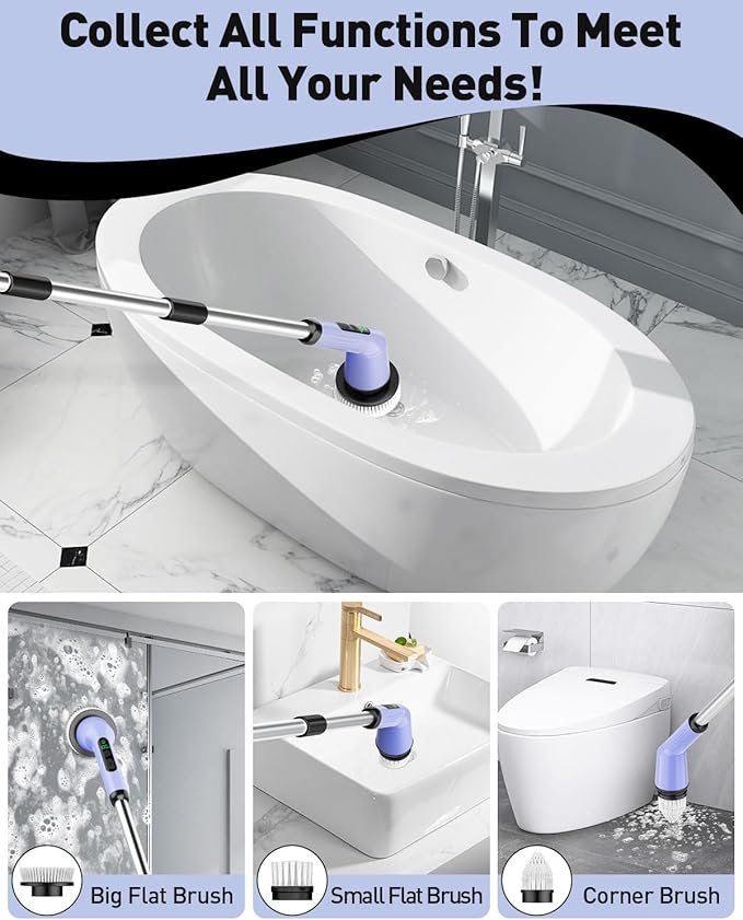 Electric Spin Scrubber for Cleaning Bathroom Shower Scrubber Cordless Cleaning Brush with IPX7 Waterproof &amp 2 Speed 3 Brush Heads Bathroom Cleaning Supplies for Shower Tub Tile Toilet Purple
