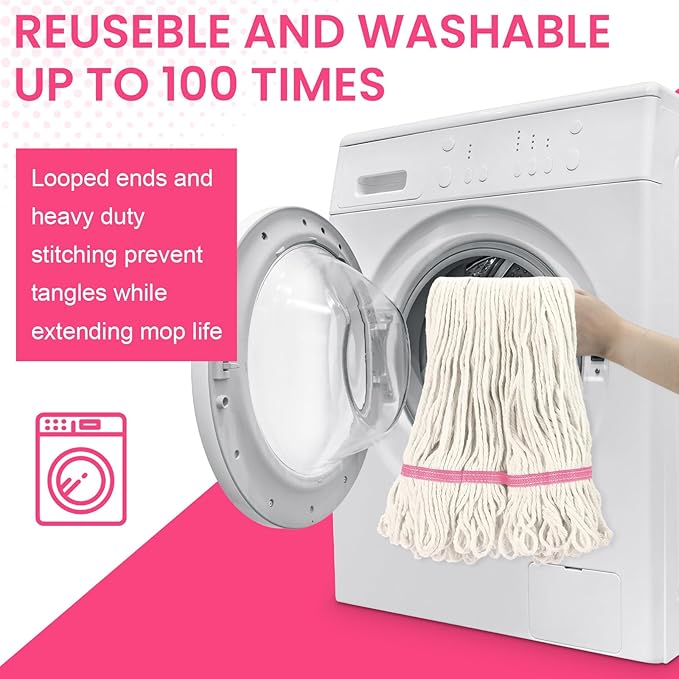 Eccliy 6 Pack Heavy Loop End Cotton String Mop Head Heavy Duty Mop Head Commercial Refills Replacement Bulk for Home Industrial Commercial Floor Cleaning (WhitePink)