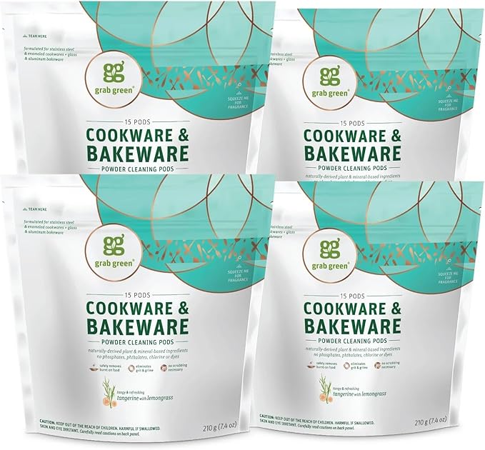 Grab Green Cookware and Bakeware Cleaner Pods 4 Bags of 15 Pods Tangerine Lemongrass Scent Plant and Mineral Based Removes Burnt-On Food Eliminates Grit and Grime No Scrubbing Necessary