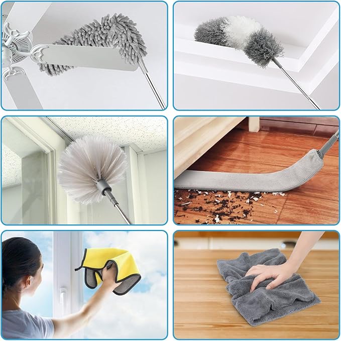 Microfiber Duster Kit 27pcs with 30 to 100 Inches Extension Pole and Wall Cleaner Mop Washable and Bendable Feather Duster for Cleaning Ceiling Fans High Ceilings Cobwebs Blinds Grey