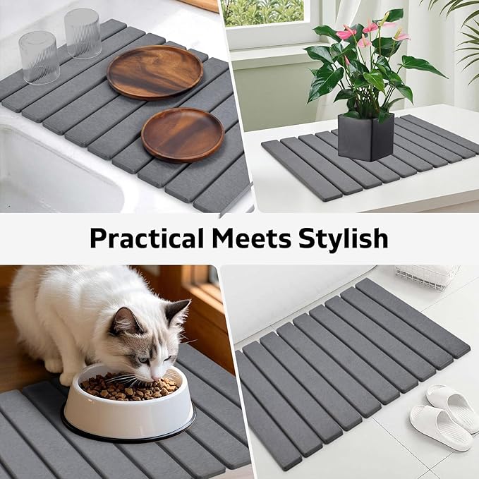 Large Stone Dish Drying Mats for Kitchen Counter 24(L)×16(W) Fast Drying Collapsible Mat Eco-Friendly Absorbent Diatomaceous Earth Mats for Dishes Bottles Match Any Countertop【Dark gray】