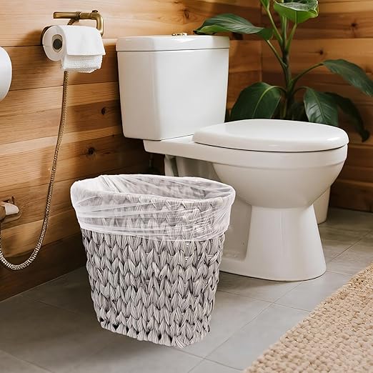 Wicker Trash CanWaterproof Bathroom Waste BasketPlastic Wicker Woven Waste Basket with Built-in Handles 19 Liters/5 GallonsDecorative Boho Rubbish Bin for Bedroom Office Kitchen Laundry (gray)