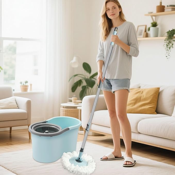 Spin Mop and Bucket Mop and Bucket with Wringer Set for Home 360 Spinning Mop Bucket Floor Cleaning Tool with 3 Microfiber Mop Replacement Head Refills50 Extended Handle for Floor Cleaning Home