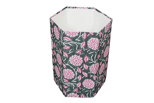 Handmade Cotton Paper Waste Basket Stylish Trash Can for Home or Office (1 White Pink FLOWAR)