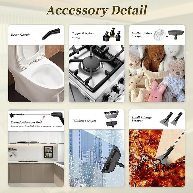 Steam Cleaner15s Heat-Up1.6L Tank3-Level Adjustable Handle2500W Steamer for CleaningPortable Steamer for Cleaning with 16PCS AccessoriesSteam Cleaner for HomeCarDirtGreaseGroutTileCouch