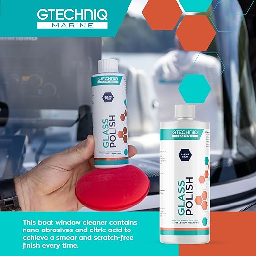Gtechniq Marine Glass Polish for Boats 8.5 fl oz | Fast-Acting Hydrophobic Formula Removes Minerals Salt Deposits Water Spots and Dirt from Glass and Plexiglass Smear and Scratch-Free Finish