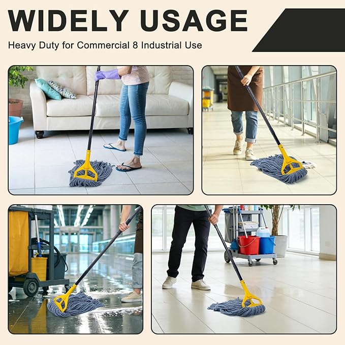 Commercial Industrial Mop with 3 Extra Large Reusable Replacement Head59 Long Handle Heavy Duty Wet MopsLooped-End String Cotton Mop for Floor CleaningHouseKitchenOfficeGarageTile(Yellow)