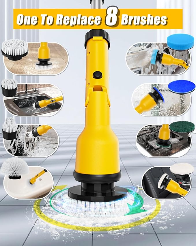 Electric Spin Scrubber Compatible for DeWalt 20V Battery(Battery NOT Included) 1000 RPM Battery Powered Scrubber with Adjustable Extension Arm &amp 8 Brushes &amp Hook Gloves for Tub/Tile/Floor