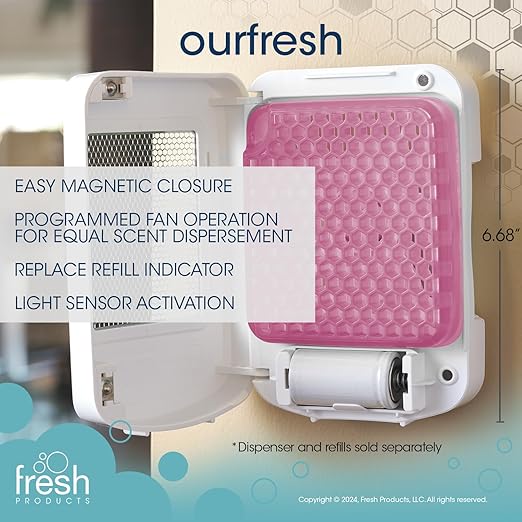 Fresh Products ourfresh 2 Air Freshener Replace Metered Aerosol with Dry Fragrance 30 Day Use Medium Sized Spaces Light Activated Battery Operated Refill Reminder White Dispenser 1 pk