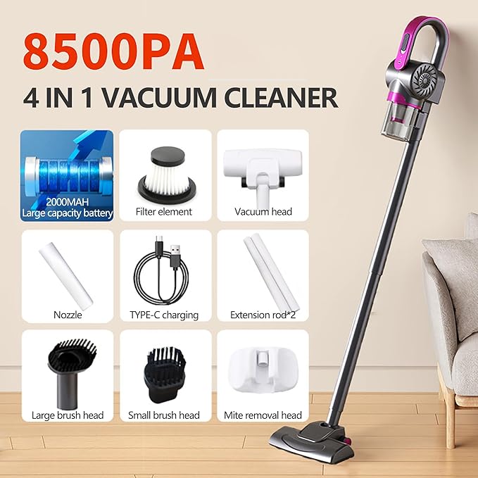 Home Cordless Vacuum Cleaner 8500Pa Vacuum Cleaners for Home 260ml Dust Cup Anti-Tangle Stick Vacuum Self-Standing 3 Modes Vacuum Cordless Rechargeable for Pet Hair/Carpet (Purple)