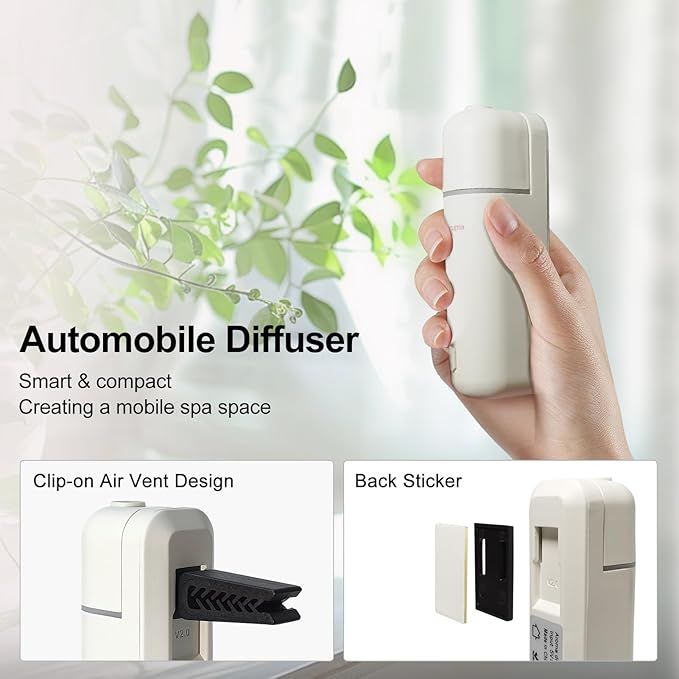 Car Air Freshener Diffuser Motion Sensor Waterless Essential Oil Diffuser for Car USB Rechargeable Air Freshener with 6 Refill Scent（Hilton/Sandwood/WhiteTea/Diamond/GreenBamboo/Pachuli
