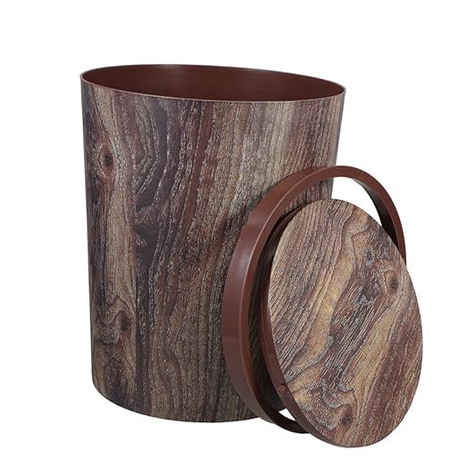 Mobestech Retro Wood Grain Plastic Trash Can Large Capacity Wastebasket for Bedroom Kitchen Office Bathroom Aesthetic Appeal Spacious Design for Spaces