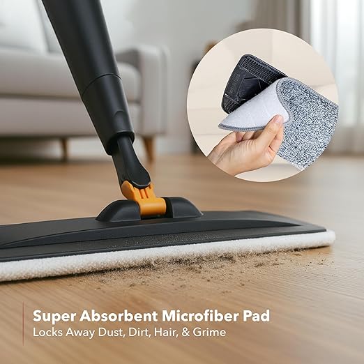 OVENTE Microfiber Spray Mop for Floor Cleaning with Refillable Bottle Washable and Reusable Pad 360° Spin Flat Cordless Wet Scrubber for Hardwood Ceramic Laminate and Vinyl Tiles Black CTM121BGD
