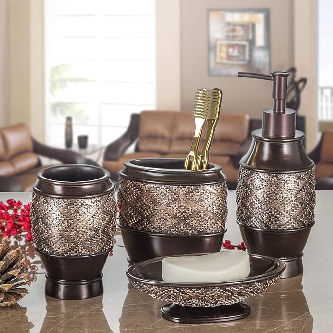 Creative Scents Dublin Brown Bathroom Accessories Set 6-Piece Resin Bathroom Decor Set Includes Toilet Bowl Brush and Holder Tissue Box Cover Soap Dispenser Soap Dish Cup &amp Toothbrush Holder