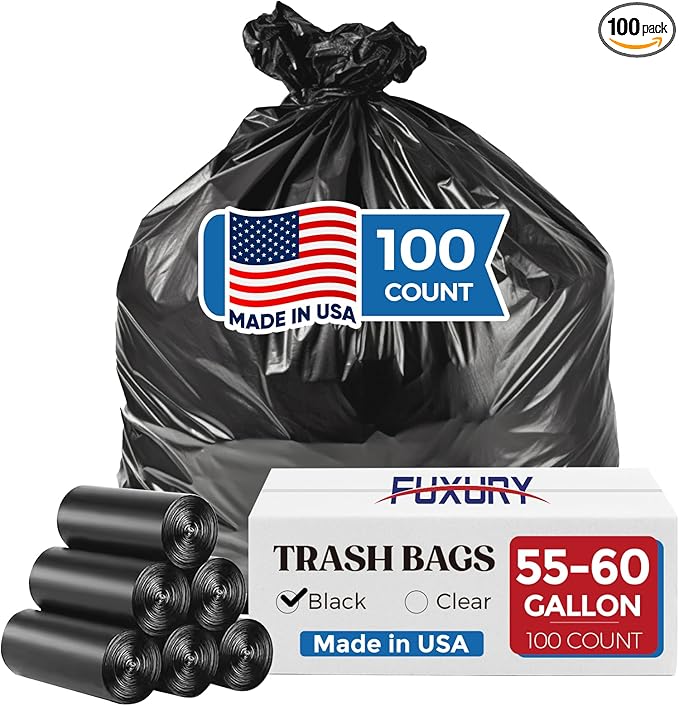 Fuxury 60 Gallon Trash Bags Medium Duty 100 Count Garbage Bags 38 x 58 Extra Large Black Trash Bags 0.9 Mil Plastic Bags for Serious Garbage Cleanup Made in USA