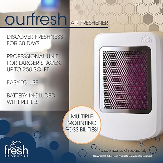 Fresh Products ourfresh 2 Air Freshener Replace Metered Aerosol with Dry Fragrance 30 Day Use Medium Sized Spaces Light Activated Battery Operated Batteries Included Spiced Apple 8 pk