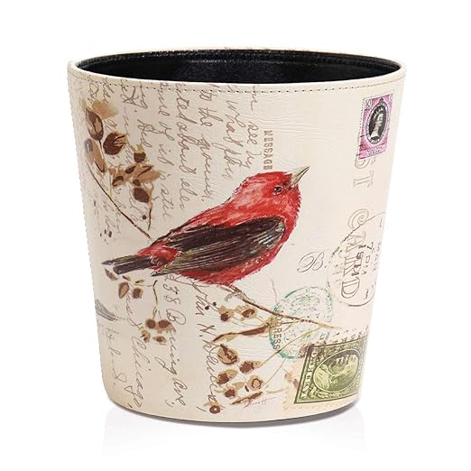 PU Leather Small Trash Can Wastebasket Round Garbage Container Basket for Bathrooms Laundry Room Kitchens Offices Kids Rooms BedroomsDormsHome Decorative Art Bin 2.9 Gallon(Bird Design)