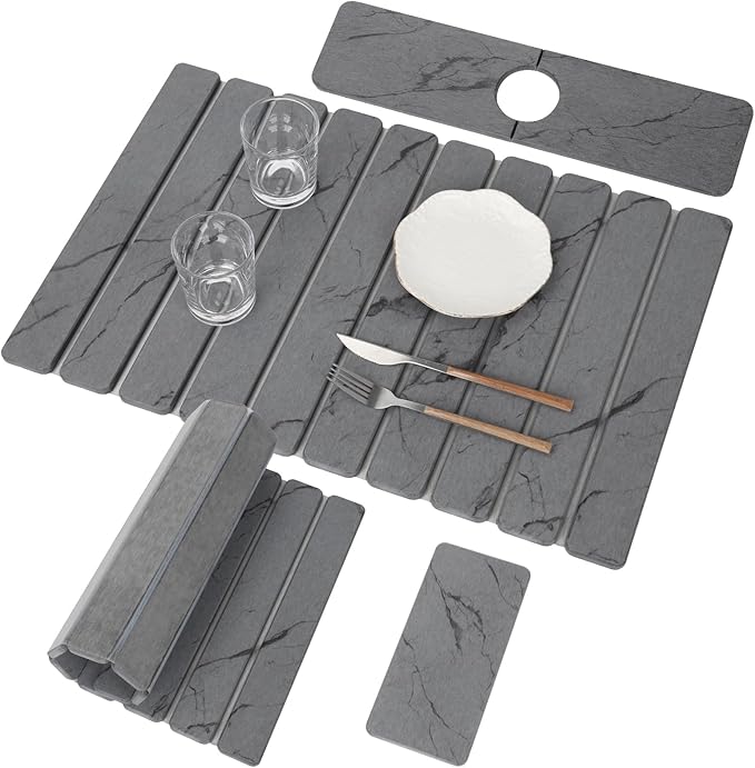 3 PCS Large Stone Dish Drying Mat for Kitchen Counter Quick Dry Stone Dishes Mats Foldable and Super Absorbent Diatomaceous Earth Drying Pad for Plate Rack Utensils 24×16 Dark Gray Marble