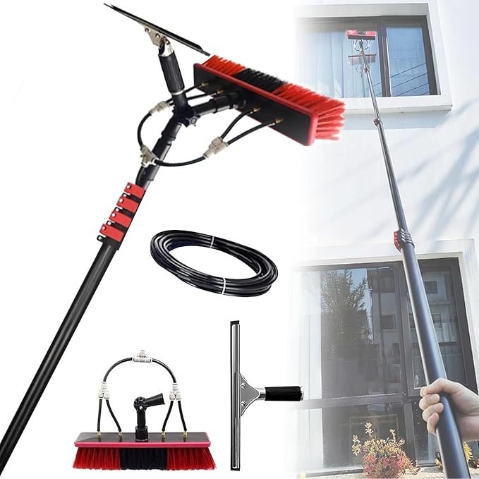 Water Fed Pole Kit Adjustable Window Cleaning Pole 180° Rotatable Brush Head Telescopic Cleaning Brush for Outdoor Window Glass Solar Panel6m/19.7ft