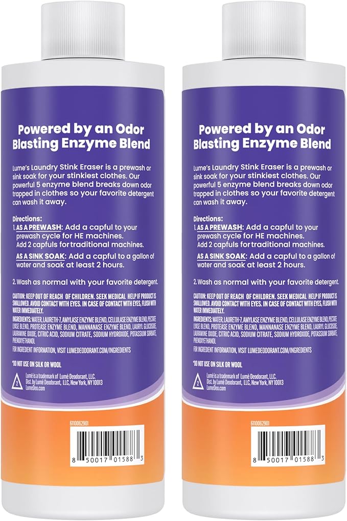 Lume Laundry Stink Eraser - Detergent Booster &amp Sink Soak - Eliminates Body Odor In Clothes - Odor Blasting Enzyme Blend - Makes Your Detergent Work Better - Free And Clear - 8 fluid ounces (2 Pac
