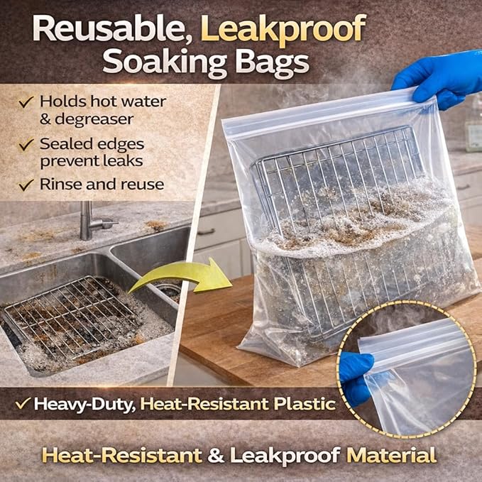 No-Scrub Oven Rack Metal Cleaning Bags 10 Pack Reusable Leakproof Soaking Bags for Grill Grates Air Fryer &amp Cooling Racks Oversized 27.5 x 19.6 in