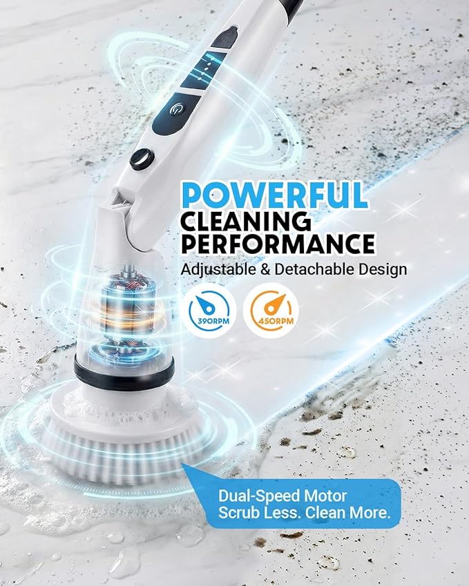 Electric Spin Scrubber Shower Scrubber with Long Handle 7 Brush Heads 2-Speed Cordless Bathroom Cleaning Brush 54in Extendable Electric Cleaning Brush for Tub Tile Floor &amp Kitchen