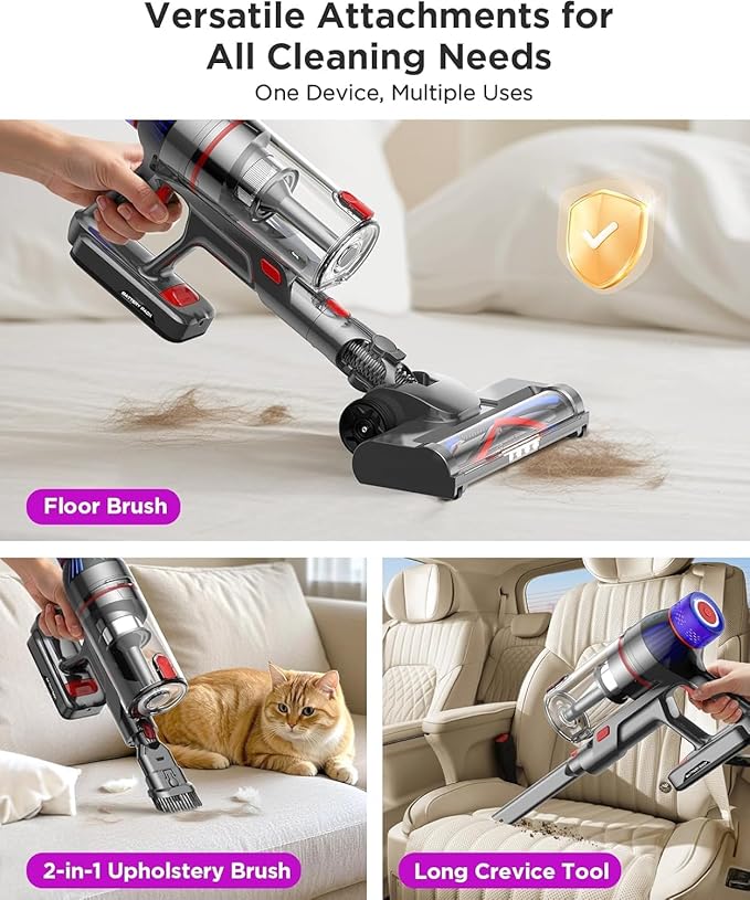 Cordless Stick Vacuum Cleaner for Home: Power Suction Vacuum Tangle-Free Lightweight Design &amp 2600mAh Detachable Battery Up to 50mins Runtime for Pet Hair Carpet Hardwood Floor