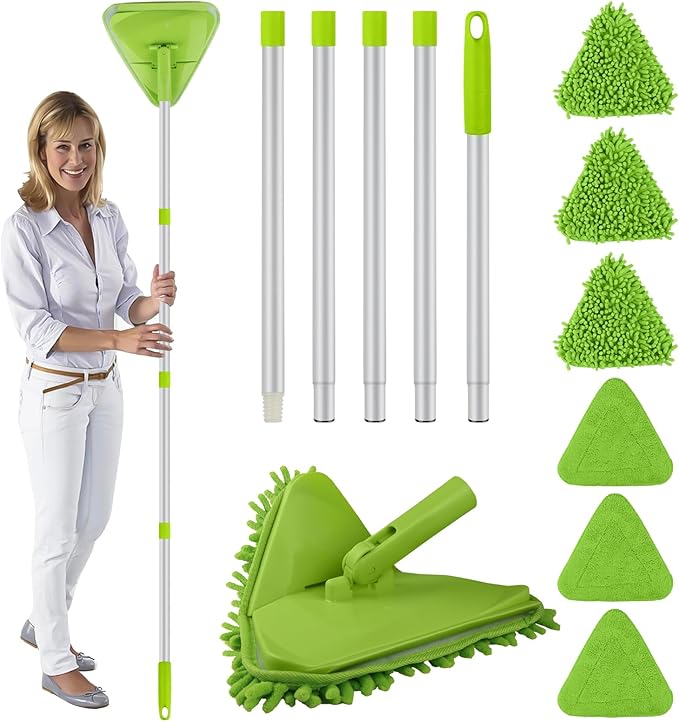 Wall &amp Baseboard Cleaner Mop Tool with 82'' Long Handle 360 Degree Rotating 3-in-1 Ceiling Cleaning Tool Duster for Cleaning Painted Walls Window Floor 6 Replacement Microfiber Chenille Pads