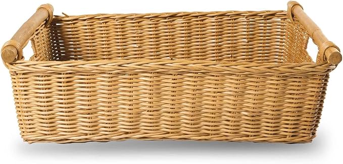 The Basket Lady Low Pole Handle Wicker Storage Basket Large 19.5 in L x 12.5 in W x 6 in H Sandstone