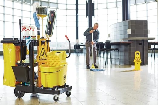 Rubbermaid Commercial Products WaveBrake 26 Qt. Side-Press Mop Bucket and Wringer Combo on Wheels Yellow for Professional/Industrial/Business Heavy-Duty Floor Cleaning/Mopping