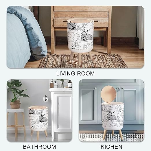 Small Trash Can with Lid Seamless Doodle Rabbit Eucalyptus leaves white New year Chinese zodiac 1.8 Gallon/7L Garbage Can Waste Bin with Pop-Up Lid Wood Legs Wastebasket for Bathroom Kitchen Bedroom