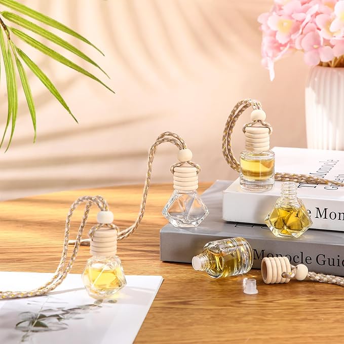 BBTO 200 Pcs Hanging Car Diffuser Bottle Bulk Empty Clear Glass Perfume Bottles Air Freshener Pendant for Essential Oils Fragrance Aromatherapy Car Interior (Diamond Cylinder)