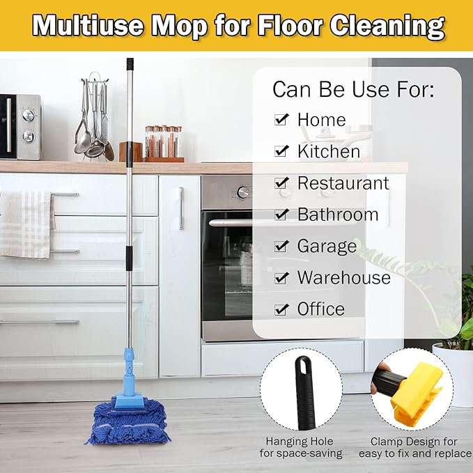 Gejoy 2 Sets Looped End Commercial Mop Heavy Duty Industrial Mop with 4 Mop Replacement Heads Stainless Steel Pole Iron Clamp Cotton Mops for Floor Cleaning Dust Wood Floor Kitchen Blue Yellow