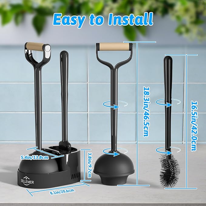 Sellemer Toilet Brush and Plunger Set Curved Design Head for Deep Cleaning Heavy Duty Toilet Bowl Brush and Plunger Combo with Holder for Bathroom Cleaning Black 2 Pack
