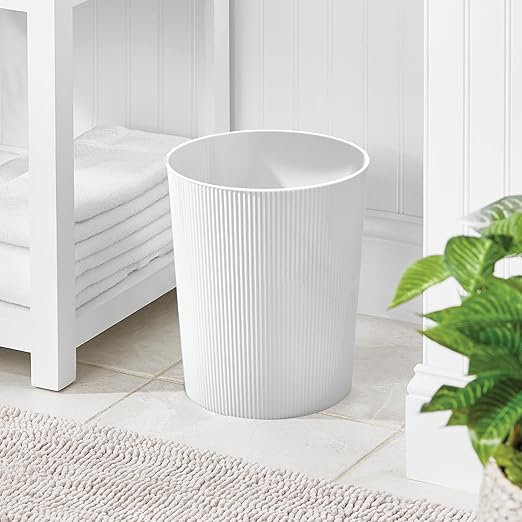 iDesign Small Round Plastic Bathroom Trash Can - Fluted Trash Can for Bathroom Bedroom or Office - White