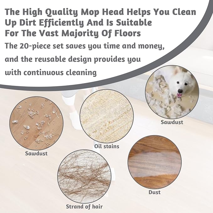 20 PCS Flat Mop Head Replacement Pads Reusable Mop Pad Refill Washable Microfiber Mops for Wet/Dry Mops Flat Floor Cleaning Floor Care System (Grey)