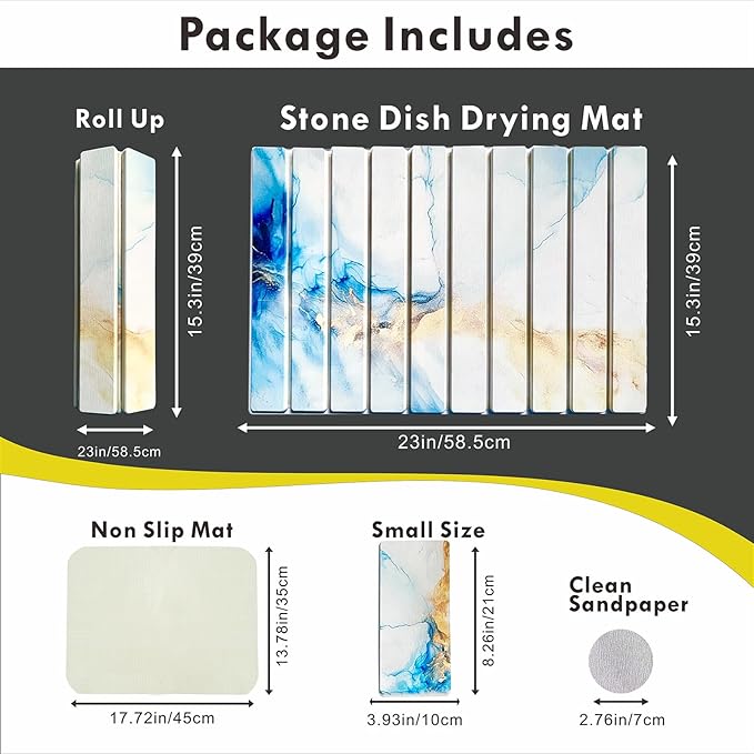 Stone Drying Mat for Kitchen Counter - Quick Dry Stone Dish Drying Mat Large Non-Slip Stone Bath Mats for Bathroom &amp Kitchen Sink Foldable Fast Drying Stone Sink Mat (blue gold)