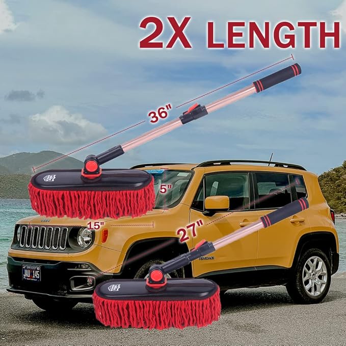 Car Duster Exterior with Extendable Handle Scratch Free Auto Wash Brush Mop Interior Detailing Kit for Truck RV Boat - 1PC Wax Cotton Duster Bright Red